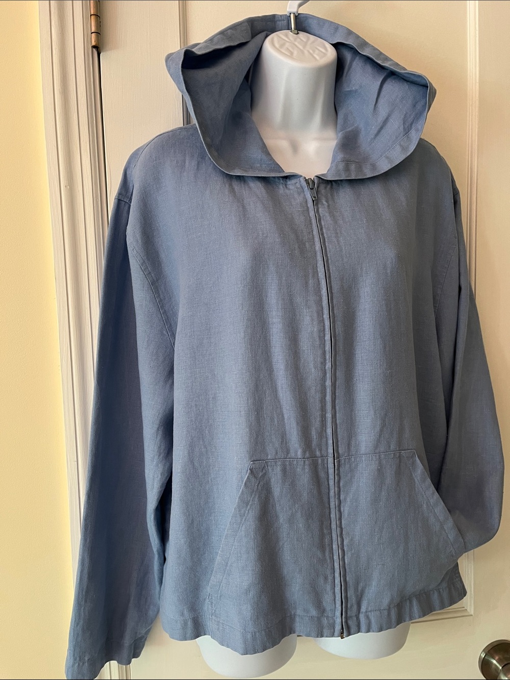 Linen Hooded Utility Jacket Zip Front Women’s Large Blue Beachy Coastal